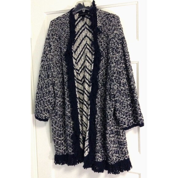Lane Bryant Cardigan Sweater Wn 26/28 Blue White Striped Open Front Fringe Boho - Picture 2 of 11
